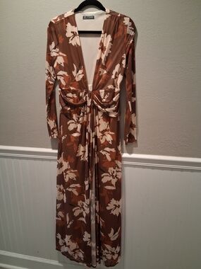 Long Sleeve Floral Maxi Dress in Brown and Cream